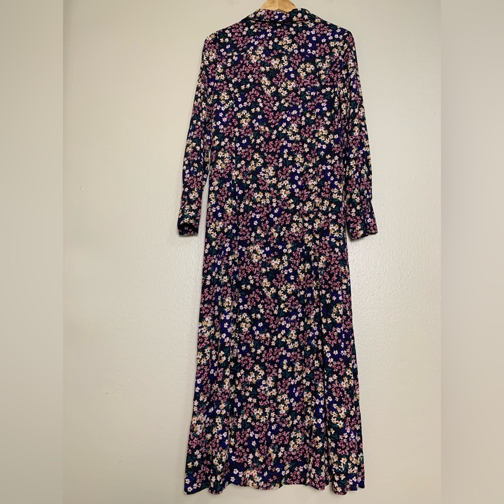 Mango Midi Dress Flowy Floral Black‎ Pink Buttons Boho Long Sleeves Women’s 4 US - Picture 3 of 5